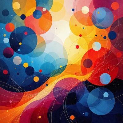 The primary subject of the image is a colorful, abstract artwork featuring a variety of shapes and colors. The setting is a vibrant, colorful background that complements the artwork. The visual style is a combination of digital art and illustration, creating a unique and eye-catching design. The dominant colors in the artwork are orange, blue, and red, which contribute to a lively and energetic atmosphere.